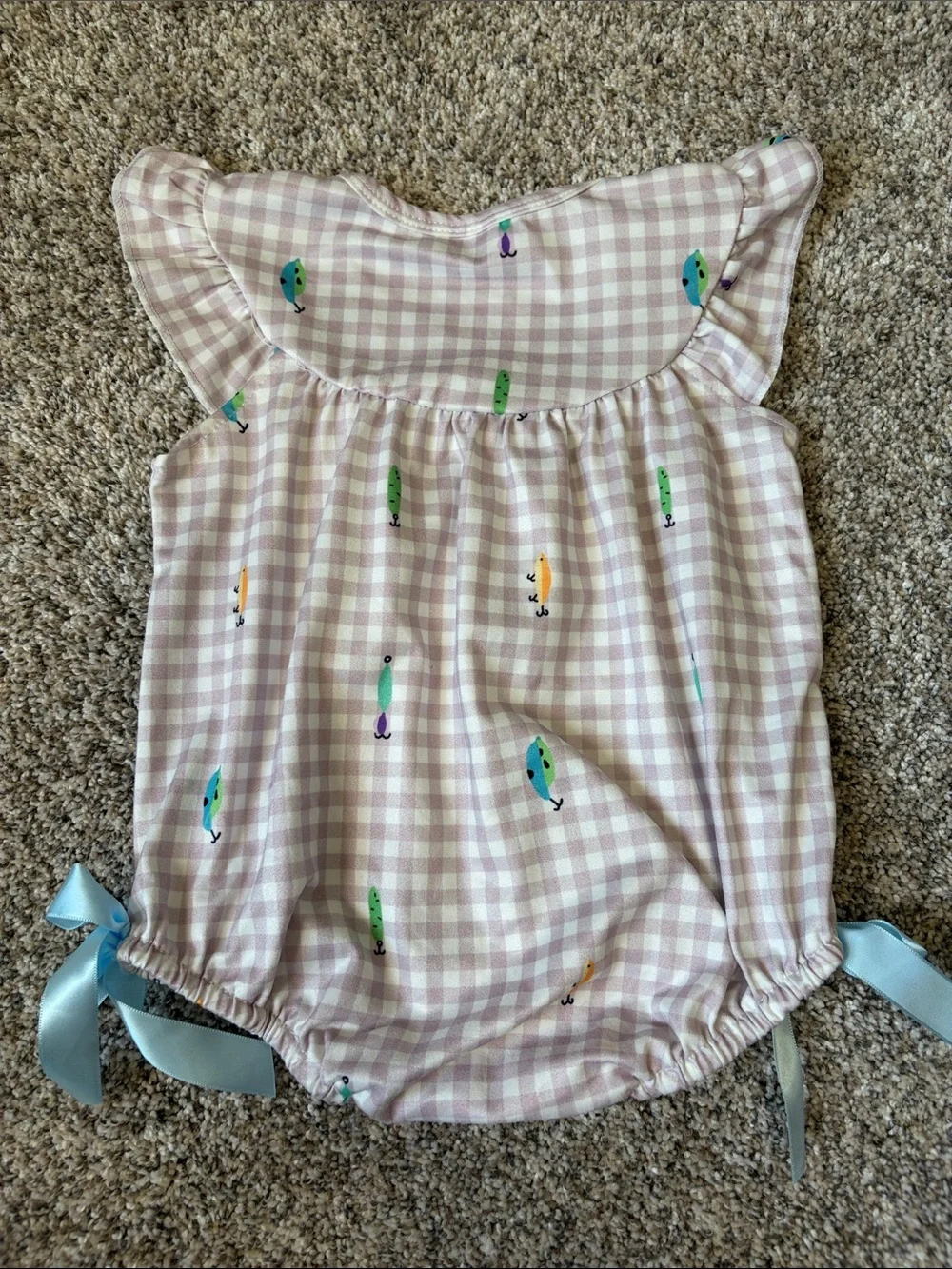 Girls Pink Gingham One-Piece Romper with Fishing Lure Embroidery
